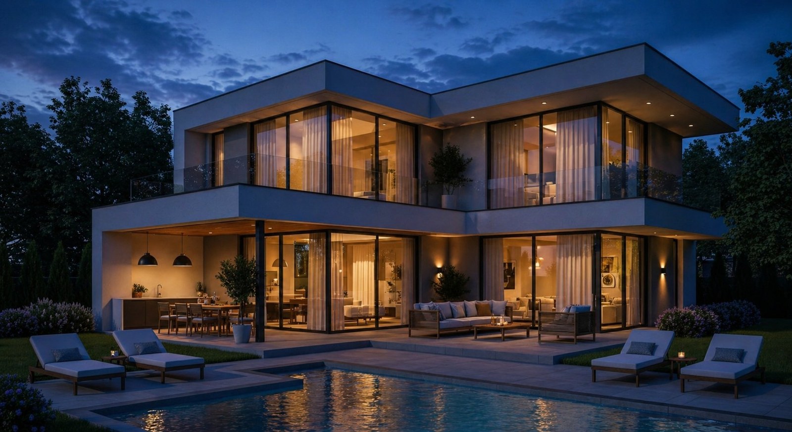 Dieselbe Villa zur blauen Stunde am Abend, beleuchtete Fenster und Pool