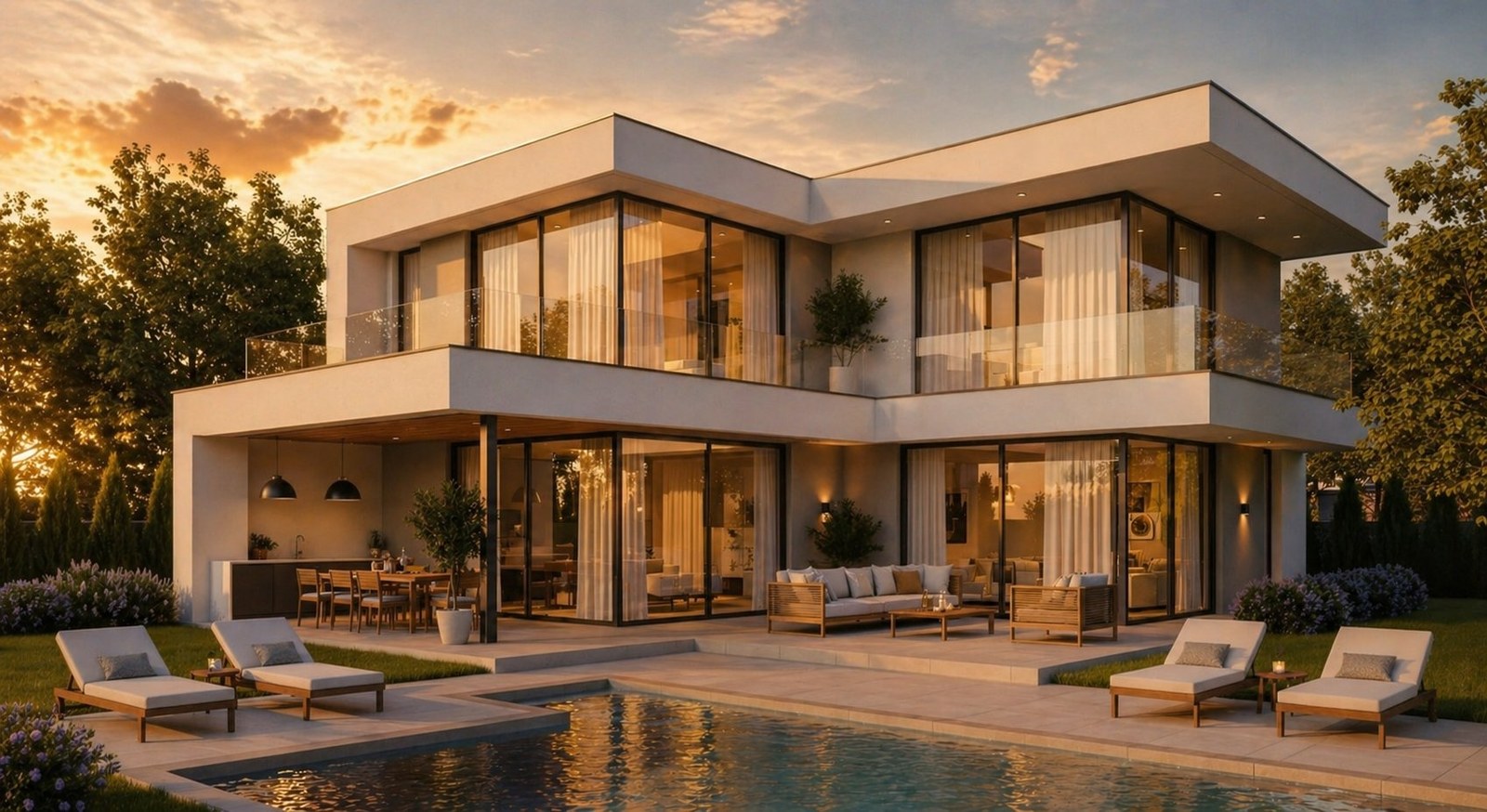 Dieselbe Villa zur goldenen Stunde, mit warmem Sonnenuntergangslicht