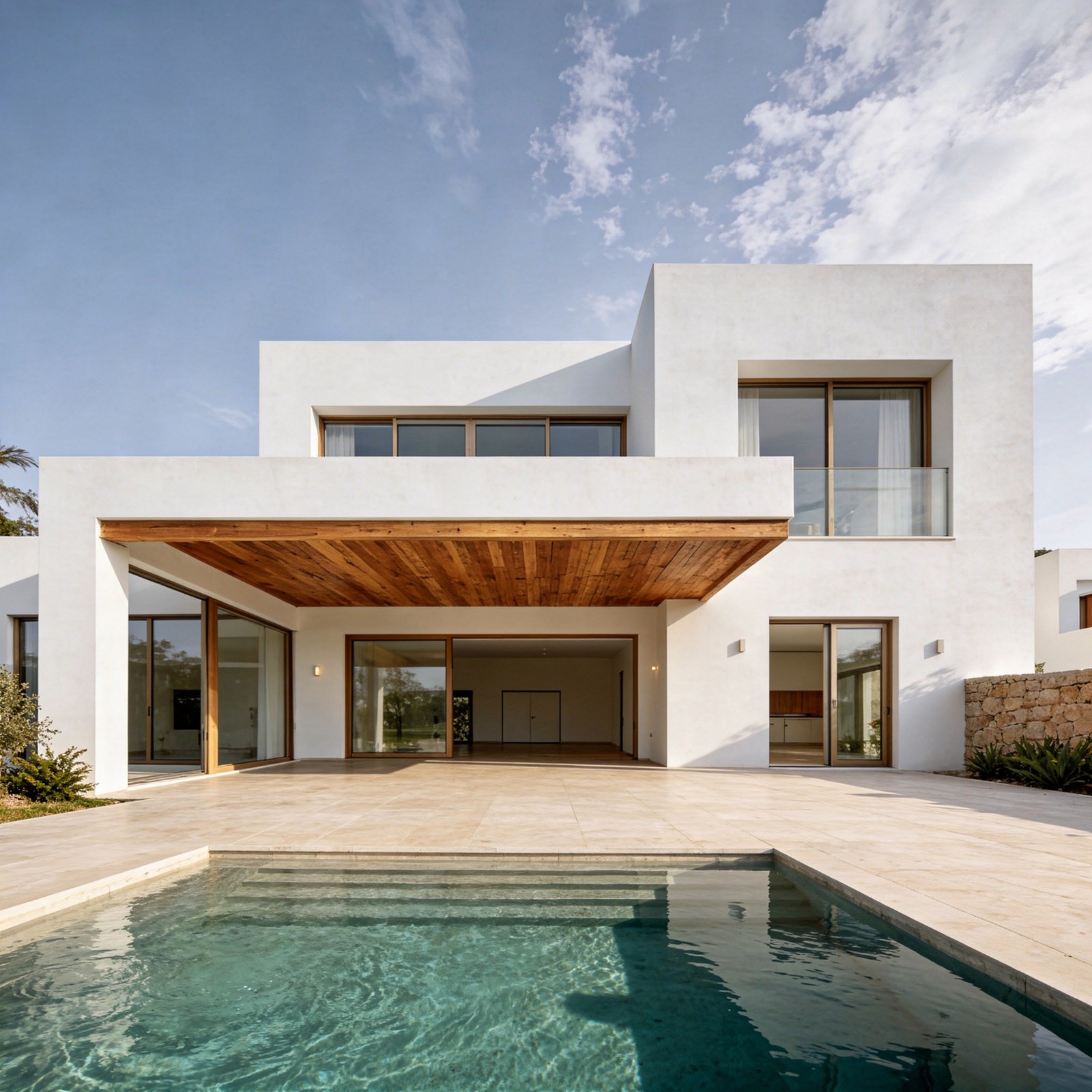 Leere weiße Villa mit Pool, Tageslicht — Ausgangsbild