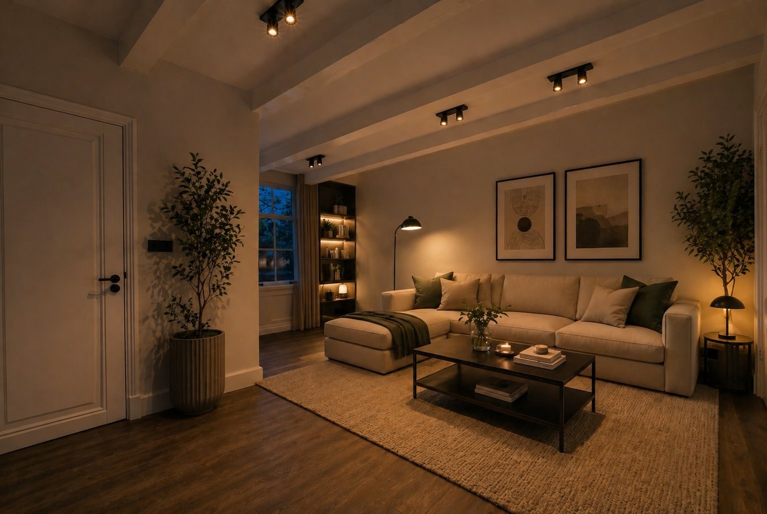 Derselbe Raum am Abend mit warmer Beleuchtung und gemütlicher Atmosphäre