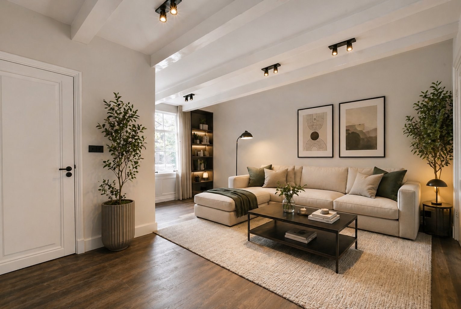 Derselbe Raum virtuell möbliert — gemütliches Wohnzimmer mit Sofa und Pflanzen