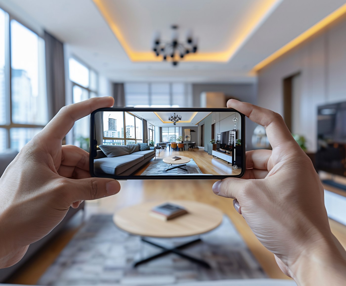 Person fotografiert ein modernes Wohnzimmer mit dem Smartphone