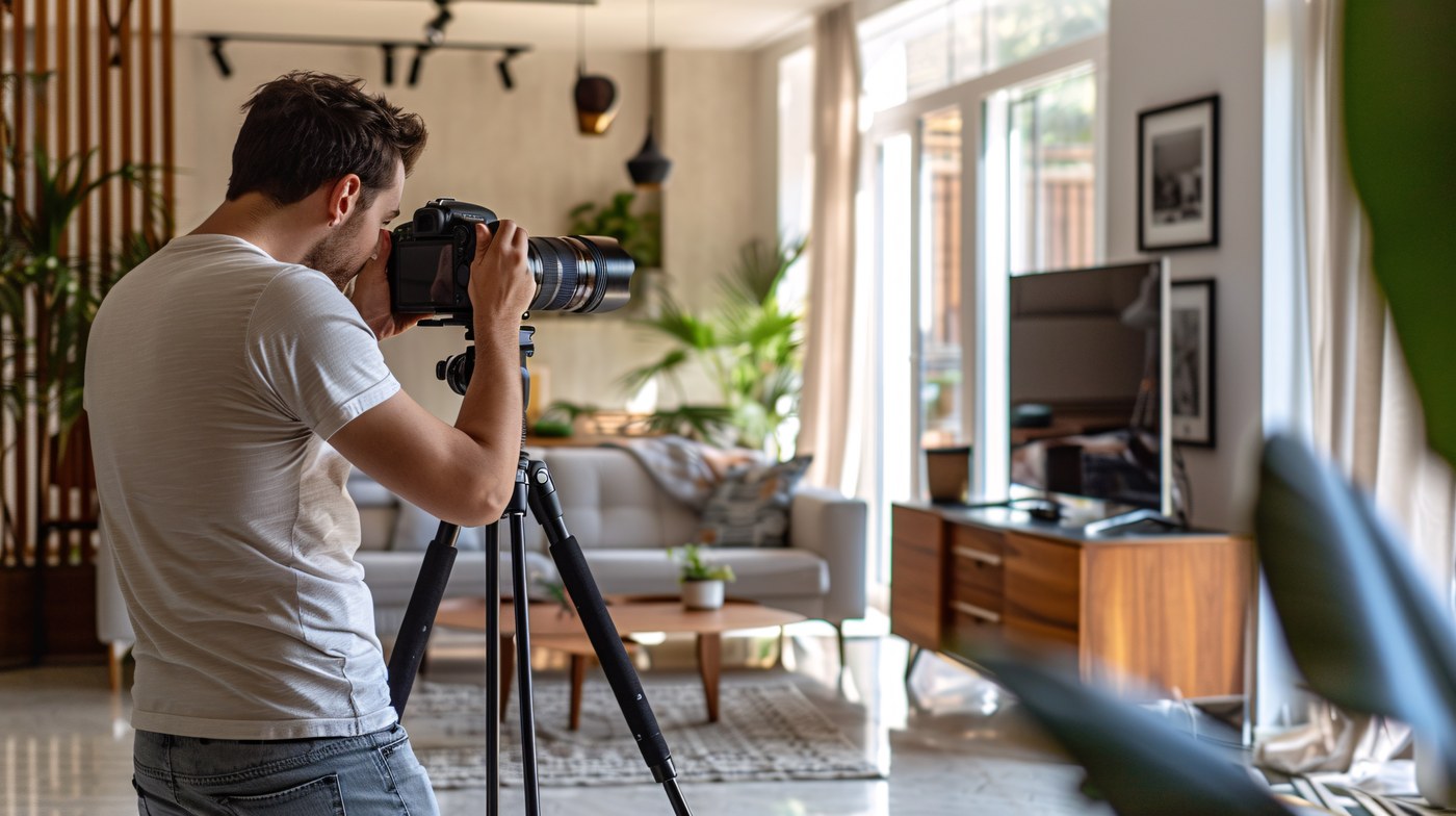 Professioneller Fotograf bei der Immobilienfotografie mit Stativ und Vollformatkamera