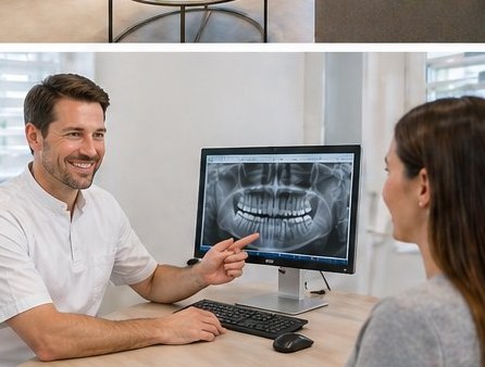 Zahnarzt erklärt einer Patientin Röntgenaufnahmen am Bildschirm