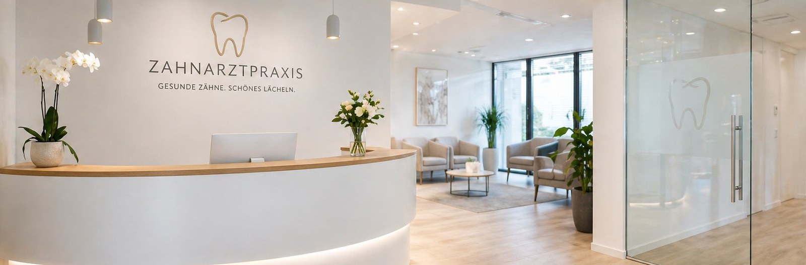 Modern gestalteter Empfangsbereich einer Zahnarztpraxis mit Wartezimmer