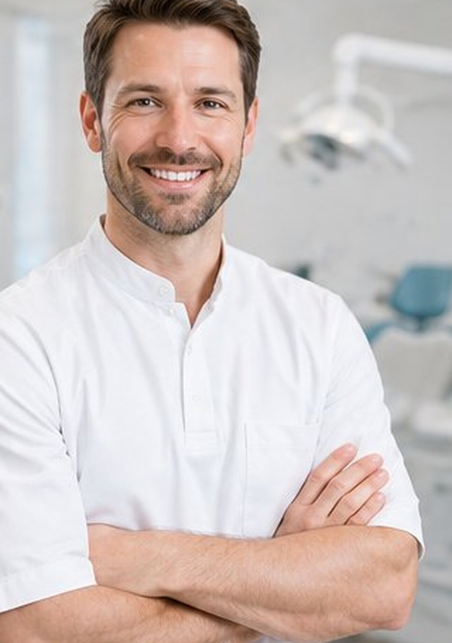 Professioneller Headshot eines Zahnarztes vor dem Behandlungszimmer