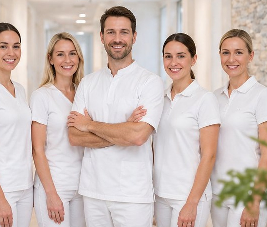 Authentisches Teamfoto mit Zahnarzt und vier Mitarbeiterinnen in weißer Berufskleidung