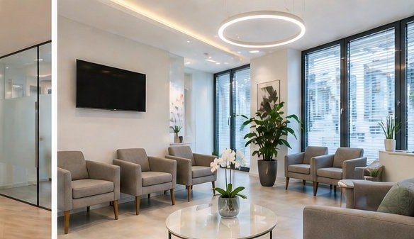 Hell und einladend gestaltetes Wartezimmer mit Sesseln und Pflanzen